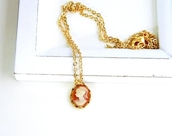 Carnelian Cameo Necklace, Gold Brass Chain Victorian Pendant