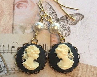 Round Victorian Pearl & Cameo Earrings, Black Cameo Drop Earrings, Cameo Pearl Dangle Earrings, Vintage Style Cameo Jewelry