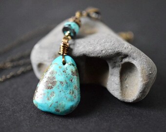 Bohemian Rustic Turquoise Necklace, Raw Stone Teardrop, Long Pendant Necklace, Oxidized Gold Hypoallergenic Chain