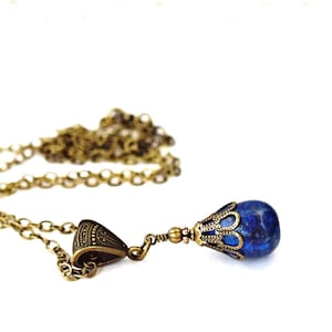 Lapis Lazuli Necklace, Lapis Briolette Necklace, Bohemian Lapis Pendant on Long Antique Gold Chain, Gemstone Necklace, Blue Stone Pendant