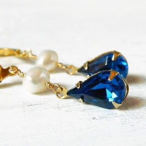 Capri Blue & Freshwater Pearl Earrings Gold, Long Earrings Pearl, Indigo Navy Bridal Wedding Jewelry image 3