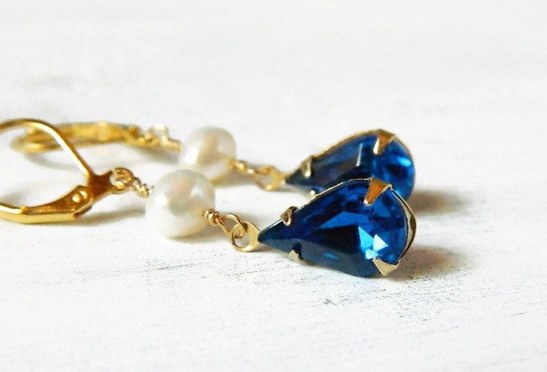 Capri Blue & Freshwater Pearl Earrings Gold, Long Earrings Pearl, Indigo Navy Bridal Wedding Jewelry image 3