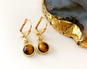 Tiny Tiger's Eye Earrings: Gold Brass Bezels, Brown Stone Pendant, Gemstone Jewelry Set