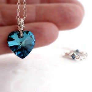 Teal Prism Crystal Heart Necklace Sterling Silver Wrapped Bermuda Blue Heart Pendant image 4