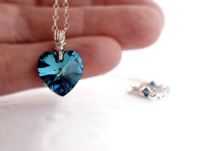 Teal Prism Crystal Heart Necklace Sterling Silver Wrapped Bermuda Blue Heart Pendant image 4