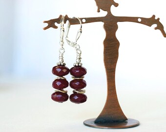 Cherry Red Jade Earrings, Stacked Gemstone Jewelry