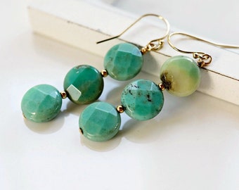 Handmade Green Chrysoprase Earrings, 14k Gold Filled Triple Stacked Coin Gemstones