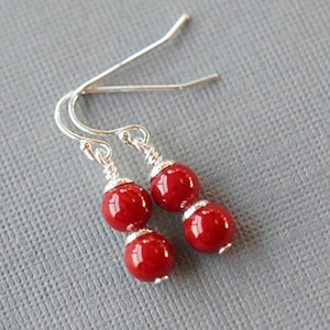 Red Coral Earrings Dainty Dangle Stacked Red Earrings Sterling Silver Drops Personalized Gift for Her Genuine Coral Double Stone Earrings