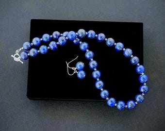 Handmade Lapis Lazuli Necklace Earrings Set, Sterling Silver Jewelry