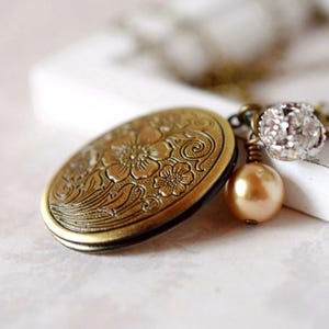 Flower Antique Gold Locket Necklace, Oval Locket, Art Nouveau Rhinestone Pearl, Mother’s Photo Locket