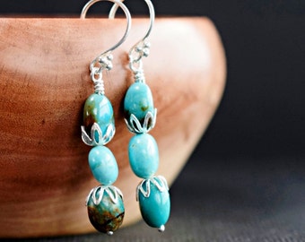 Stacked Green Stone Turquoise Earrings, Prized Kingman Turquoise, Sterling Silver French Hooks, Handmade Jewelry