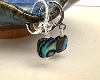 Paua Shell Abalone Silver Earrings, Huggy Hoop Lever Backs Dainty Shell Jewelry