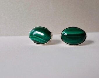 Natural Malachite Earrings Sterling Silver Stud Earrings Handmade for Women Emerald Green Stone