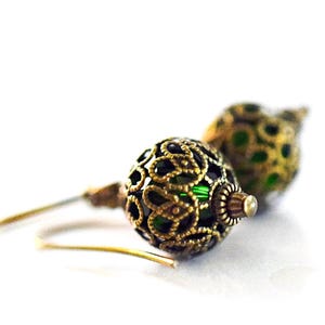 Nestled Filigree Emerald Earrings Green Crystal Earrings Rich Forest Green & Lace Filligee Drops Vintage Style Antique Gold Brass Gift Wife