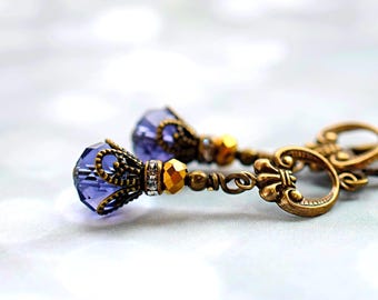 Victorian Blue Purple Crystal Drop Earrings: Antique Gold Brass