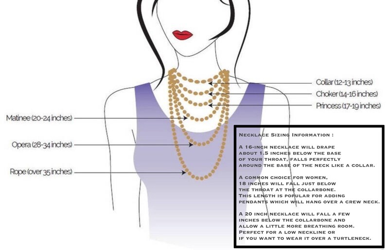 May include: A diagram showing different necklace lengths with a woman's illustration. The lengths are labeled: Collar (12-13 inches), Choker (14-16 inches), Princess (17-19 inches), Matinee (20-24 inches), Opera (28-34 inches), and Rope (over 35 inches).  The text below the diagram provides information about necklace sizing.
