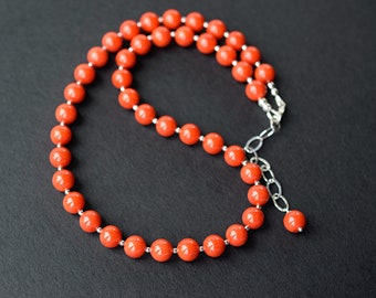 Tomato Red Coral Necklace, Sterling Silver, Red Orange Gemstone Coral Jewelry Set Birthday Gift Mother's Day Gift