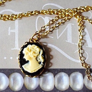 Dainty Lady Cameo Necklace Vintage Woman Cameo Necklace Victorian Girl Cameo Pendant Gold Chain Left Facing Cameo