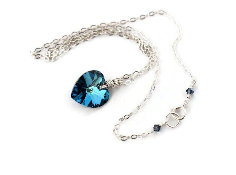 Teal Prism Crystal Heart Necklace Sterling Silver Wrapped Bermuda Blue Heart Pendant image 6