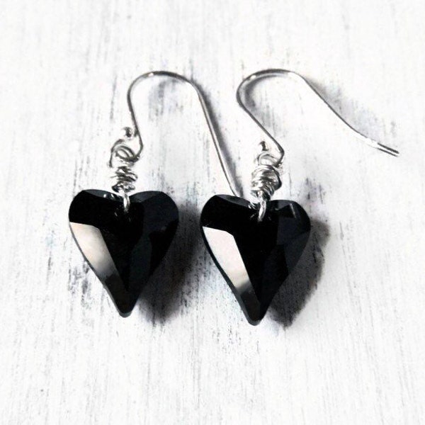 Dainty Black Heart Earrings Sterling Silver Wire Wrapped Black Crystal Drop Earrings, Jet Black Earrings, Noir Dangles, Birthday Gift