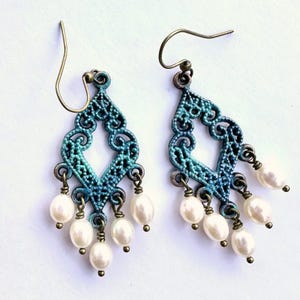Whimsy Verdigris Patina Pearl Chandelier Earrings: Filigree Dangles image 8