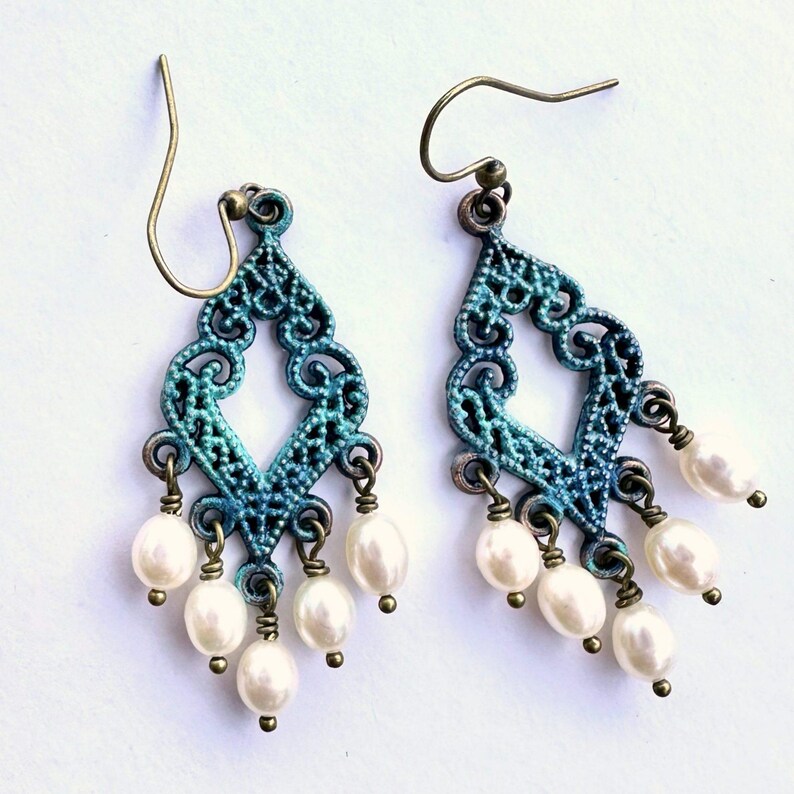 Whimsy Verdigris Patina Pearl Chandelier Earrings: Filigree Dangles image 8