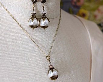 Neo Victorian Jewelry Set, White Pearl Pendant & Pearl Earrings, Antique Gold Brass, Matching Earrings