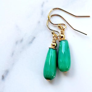 Chrysoprase Earrings: 14k Gold Filled Teardrop Dangle Stone Jewelry