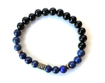 Lapis & Onyx Bracelet in Gold, Men or Women Stretch Bracelet