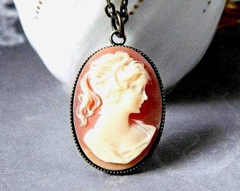 Victorian Carnelian Resin Cameo Pendant Necklace, Antique Gold Brass Chain