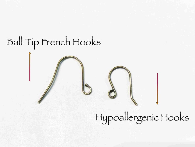 May include: Two types of earring hooks. The hook on the left is a ball tip French hook. The hook on the right is a hypoallergenic hook.