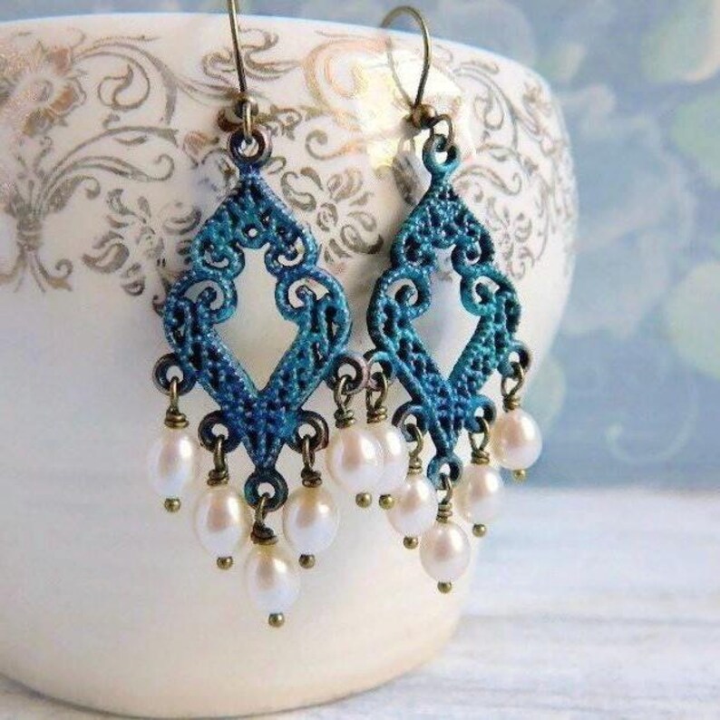 Whimsy Verdigris Patina Pearl Chandelier Earrings: Filigree Dangles image 5