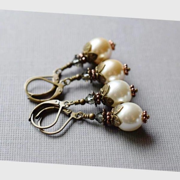 Victorian Pearl Drop Earrings: Antique Gold Leaf, Bridal Dangle Earrings