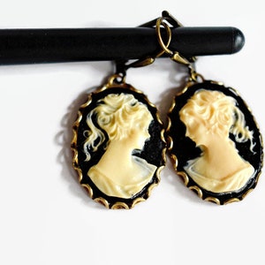 Victorian Black Cameo Earrings Antique Gold Drops Girl Cameo Dangle Earrings Goth Steampunk Cameo Jewelry Birthday Gift For Her Best Friend