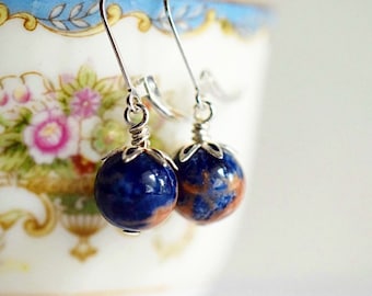 Sodalite Stone Dangle Earrings Sterling Silver, Pink & Blue Drops, MsBsDesigns Handmade