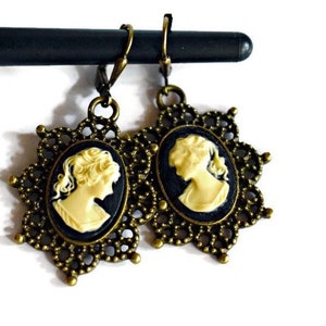 Edwardian Cameo Earrings, Ivory & Black Victorian Lady Cameo Dangles, Antique Gold Brass Filigree Setting, Cameo Jewelry, Birthday Gift