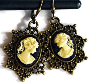 Edwardian Cameo Earrings, Ivory & Black Victorian Lady Cameo Dangles, Antique Gold Brass Filigree Setting, Cameo Jewelry, Birthday Gift