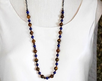 Bohemian Tiger’s Eye Necklace & Lapis Lazuli Stones, Long Antique Gold Hypoallergenic Chain, Blue n Brown Beaded Necklace, Gemstone Jewelry