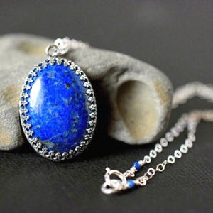 Lapis Lazuli Necklace Sterling Silver Dark Blue Natural Stone Oval Cab Lapis Pendant Necklace Indigo Gemstone Necklace Birthday Gift for Her