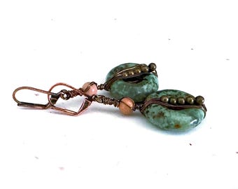 Africa Turquoise Stone Earrings for Women, Boho Copper Wire Wrapped Beaded