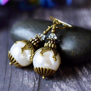 Shell Pearl Earrings, White Ball Pearl Drop Earrings, Vintage Style Antique Gold, Wedding Jewelry, Bridal Pearl Dangle Earrings image 6