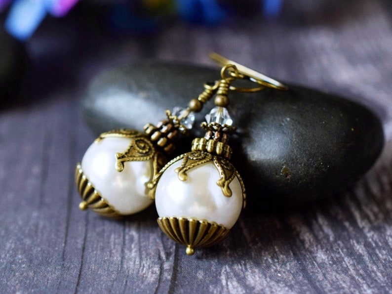 Shell Pearl Earrings, White Ball Pearl Drop Earrings, Vintage Style Antique Gold, Wedding Jewelry, Bridal Pearl Dangle Earrings image 6