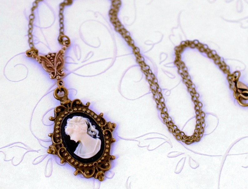 Dainty Woman Cameo Necklace, Victorian Lady Cameo Pendant, Choker, Antique Gold Brass Hypoallergenic Chain, Black Cameo Jewelry image 5