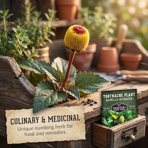 May include: A close-up of a toothache plant with a yellow and red flower, green leaves, and a seed packet. The text on the packet reads "Toothache Plant" and "Survival Garden Seeds". The text "Culinary & Medicinal" is also visible.