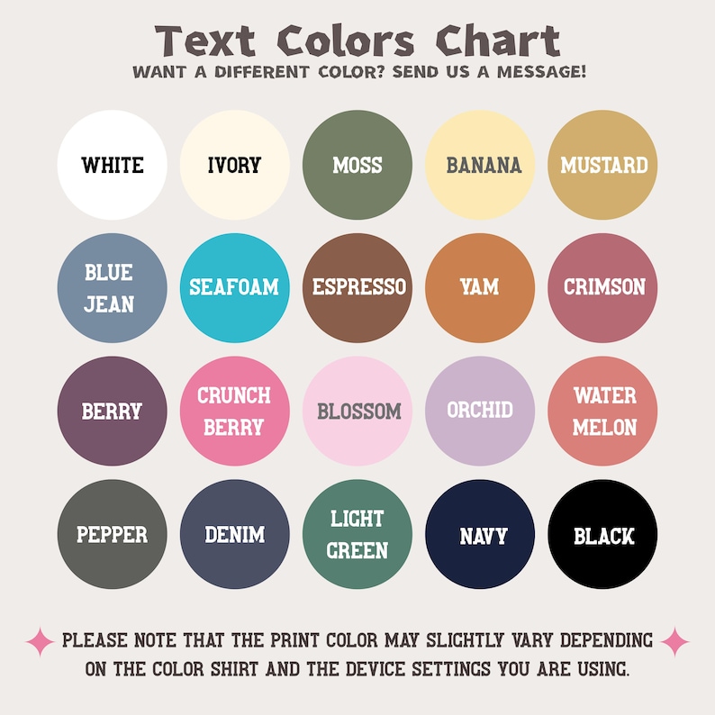 Pu&ograve; includere: Un grafico che mostra 20 diversi campioni di colore con nomi come Bianco, Avorio, Muschio, Banana, Senape, Jeans Blu, Schiuma di Mare, Espresso, Patata Dolce, Cremisi, Bacca, Bacca Croccante, Fiore, Orchidea, Anguria, Pepe, Denim, Verde Chiaro, Blu Navy e Nero. Il testo in cima al grafico dice "Text Colors Chart" e "Vuoi un colore diverso? Mandaci un messaggio!"