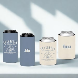 Seashells And Wedding Bells Bachelorette Can Coolers, Custom Can Cooler For Coastal Bach, Personalized Girls Weekend Trip Favors With Name