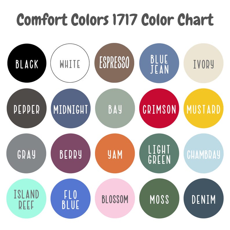 Pu&ograve; includere: Tabella colori con 16 diverse sfumature di colore, ciascuna con un nome. I colori includono nero, bianco, espresso, blu jeans, avorio, pepe, mezzanotte, baia, cremisi, senape, grigio, bacca, yam, verde chiaro, chambray, scogliera dell'isola, blu flo, fiore, muschio e denim.