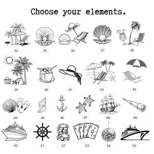 Design selection image titled “Choose your elements,” showing unique black-and-white hand-drawn graphics. Includes margaritas, mojitos, wine, beer mugs, palm trees, seashells, and western motifs like boats, pearls and shells. Perfect for customizing bachelorette, birthday, or vacation apparel with a fun and stylish personal touch.