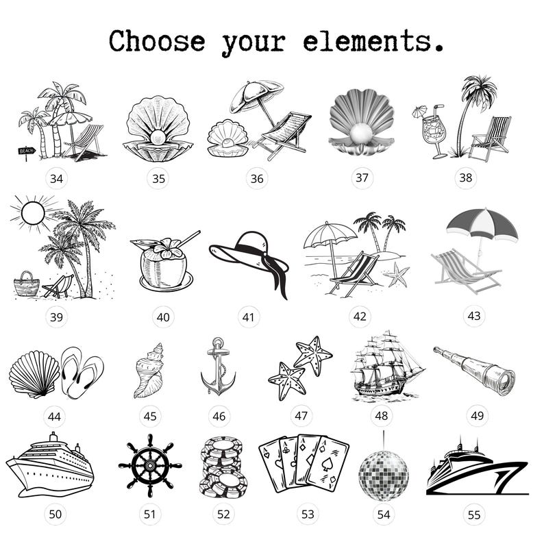 Design selection image titled “Choose your elements,” showing unique black-and-white hand-drawn graphics. Includes margaritas, mojitos, wine, beer mugs, palm trees, seashells, and western motifs like boats, pearls and shells. Perfect for customizing bachelorette, birthday, or vacation apparel with a fun and stylish personal touch.
