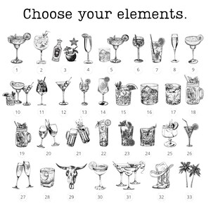 Illustrated element chart featuring 33 hand-drawn design options for custom t-shirts or party merch. Includes a variety of cocktail glasses, tequila bottles, tropical drinks, champagne flutes, western icons like a cow skull and cowboy boots, and palm trees. Shoppers can personalize their design by selecting any combination of these stylish black and white graphics.